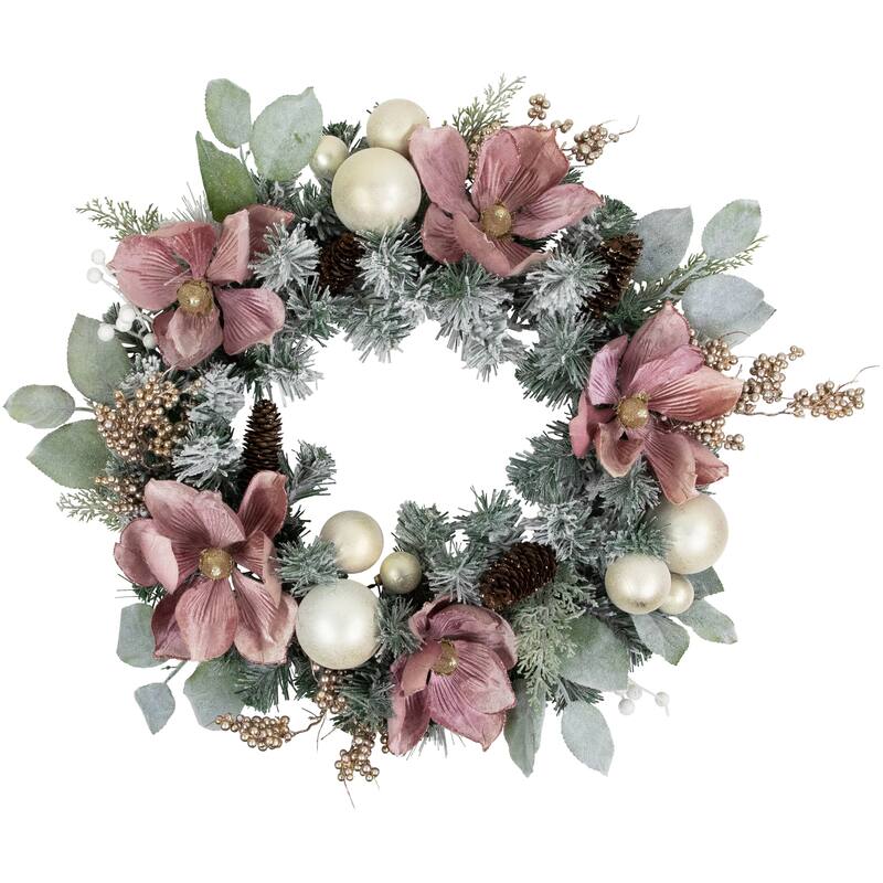 Pink Floral Ornament Frosted Pine Artificial Christmas Wreath 24-Inch