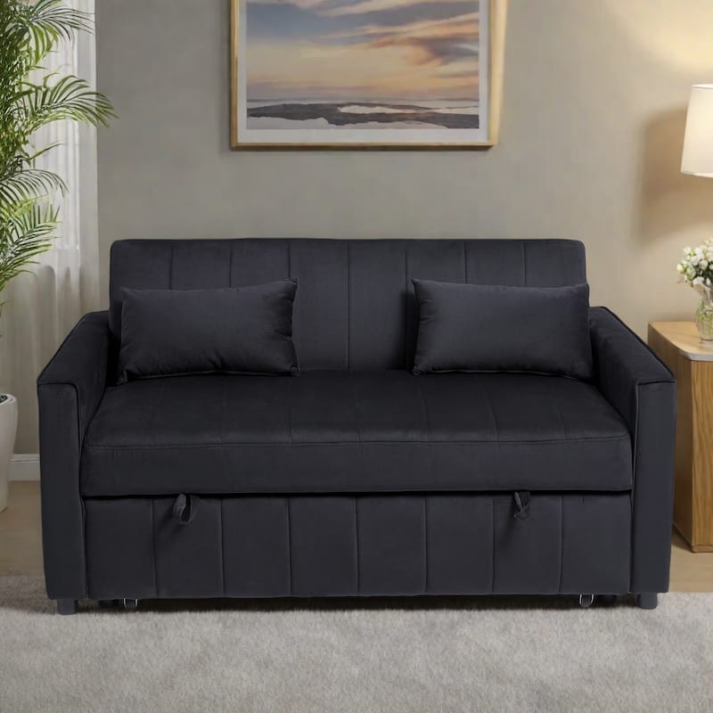55.91" Velvet 4-Seater Sleeper Sofa with Storage Pockets and 2 Pillows, Adjustable Backrest - Black