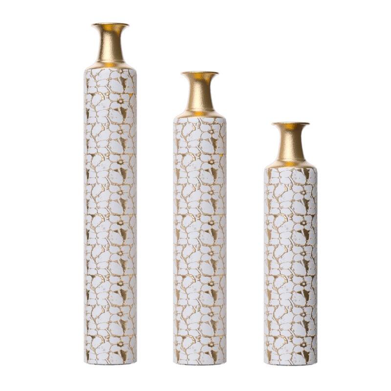 Set of 3 White & Gold Leaf Metal Floor Vases - Graduated Heights for Modern Home Decor