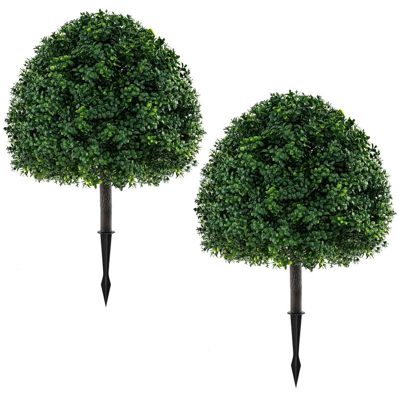 Gymax 2PCS 28'' Artificial Boxwood Topiary Ball Tree Set w/Ground - Green