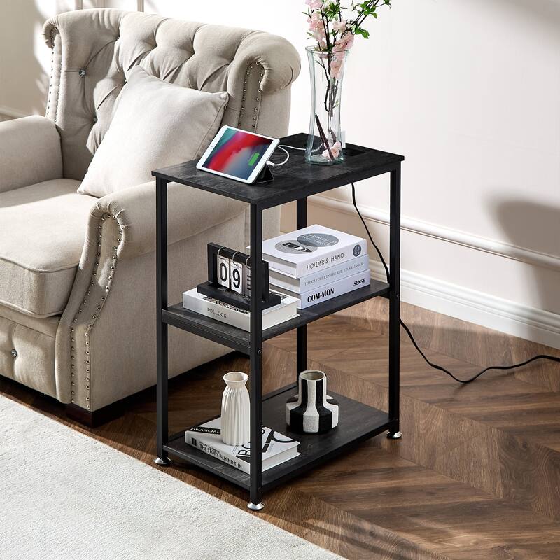 Javlergo Nightstand with Charging Station, Side End Table with 3-tier Open Storage