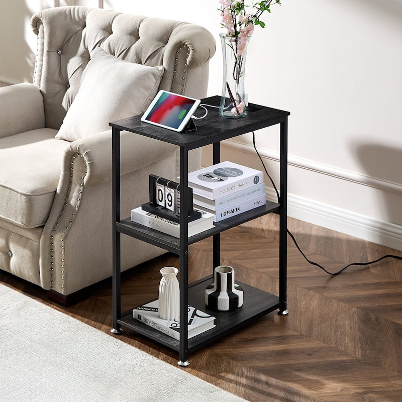 VECELO Industrial Nightstand with Charging Station 3-Tier End Table Bedside Table Black Steel Frame for Small Spaces