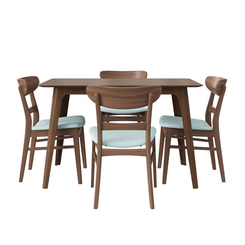 Mid-Century Modern 5-Piece Dining Set, Rubberwood Frame, One Table and 4 Upholstered Chairs, Walnut + Mint