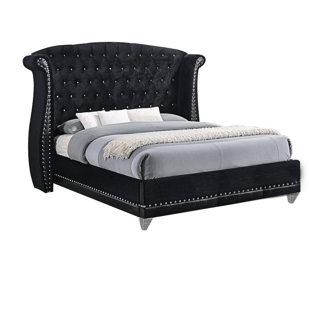 Wooden Eastern King Size Bed with Shelter Style Headboard, Black