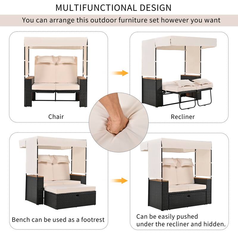 2-Piece Outdoor Rattan Daybed Set with Adjustable Canopy and Cushions, 5 Reclining Positions and Hidden Storage Bench