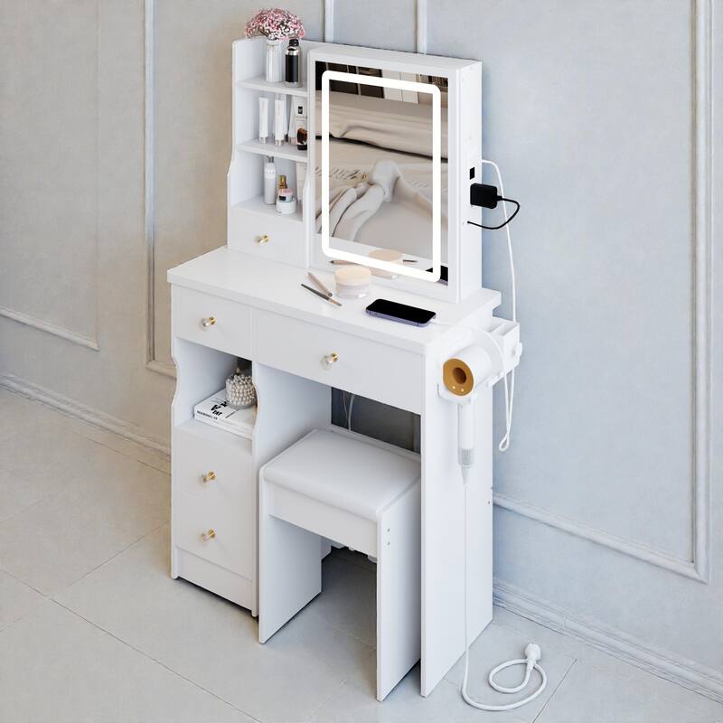 29.2'' Small Vanity Table with LED Mirror, 2 AC & 2 USB Outlets, Drawer & Stool, Touch Control Tri-Color Lighting