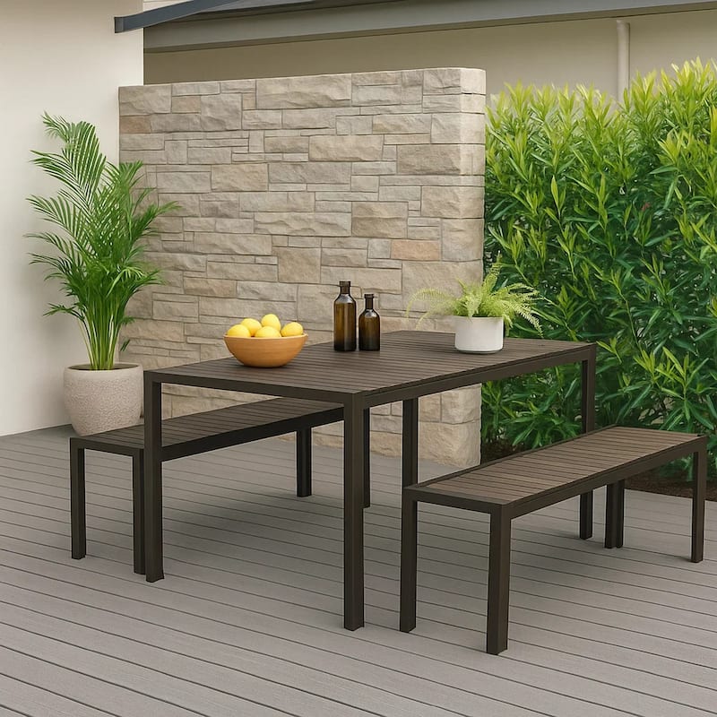 Plank Dining Table and Bench with Metal Legs, Set of 3, Black and Brown