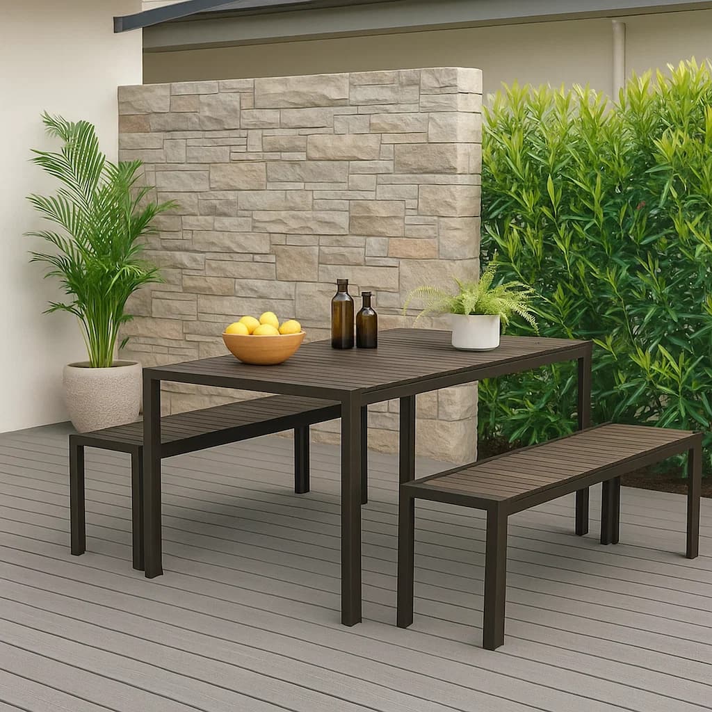 Plank Dining Table and Bench with Metal Legs, Set of 3, Black and Brown