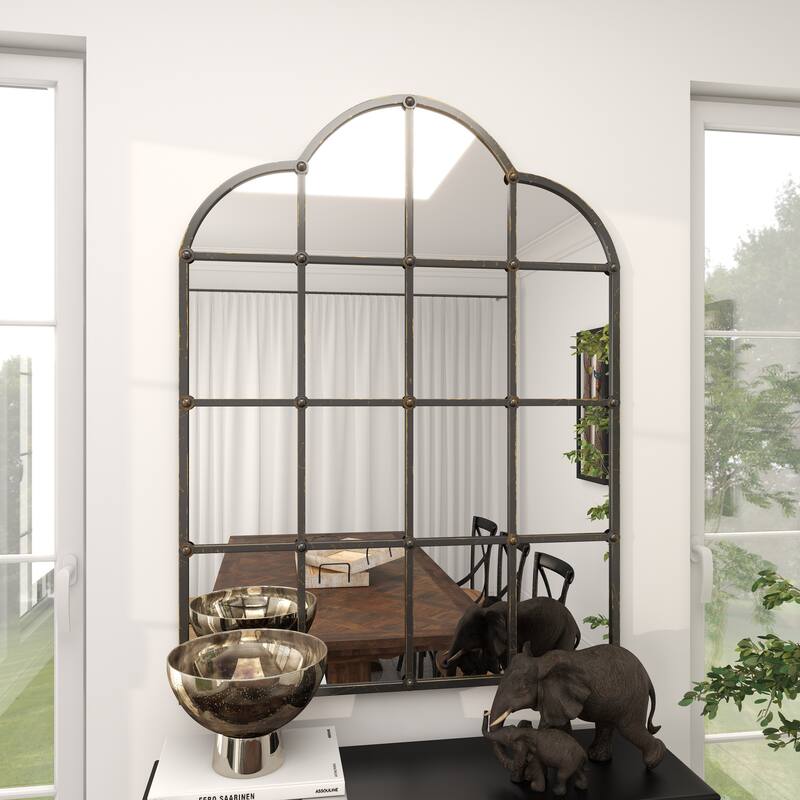 Black, Copper or Brown Metal Window Pane Inspired Grid Room Wall Mirror - Arched Black - 36"W, 48"H