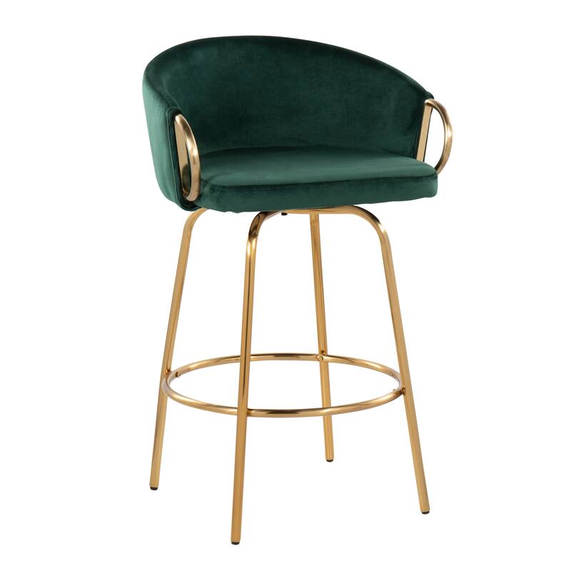 Silver Orchid Battista 26" Fixed-Height Gold Counter Stool with Round Gold Footrest (Set of 2) - Green Velvet
