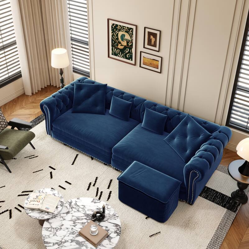 89" Chesterfield Pull Out Sofa Bed - Velvet 3-in-1 Convertible Sleeper with Chaise & Ottoman, King Size Sleeper Sofa