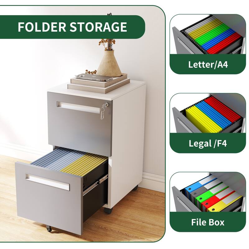 2-Drawer Mobile File Cabinet with Lock, All-Steel Metal Storage Cabinet on 360°Wheels, Holds A4/Letter/Legal Files