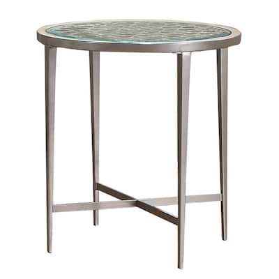 Round Glass Top Metal End Table with Sleek Tapered Legs, Silver