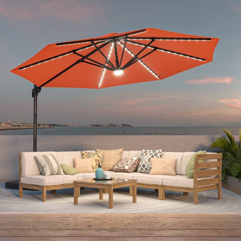 BONOSUKI 11ft LED Aluminum Patio Cantilever Offset Umbrella with Base - Brick Red