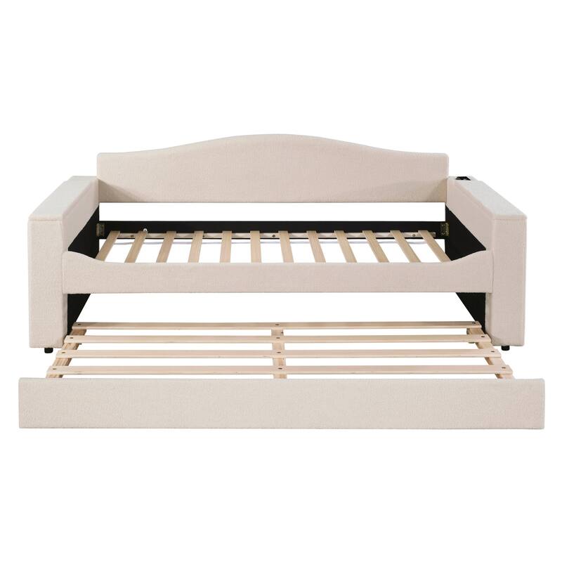 Teddy Fleece Daybed Leisure Upholstered Daybed Frame with Storage Armrest and Integrated Bluetooth Audio System and Trundle
