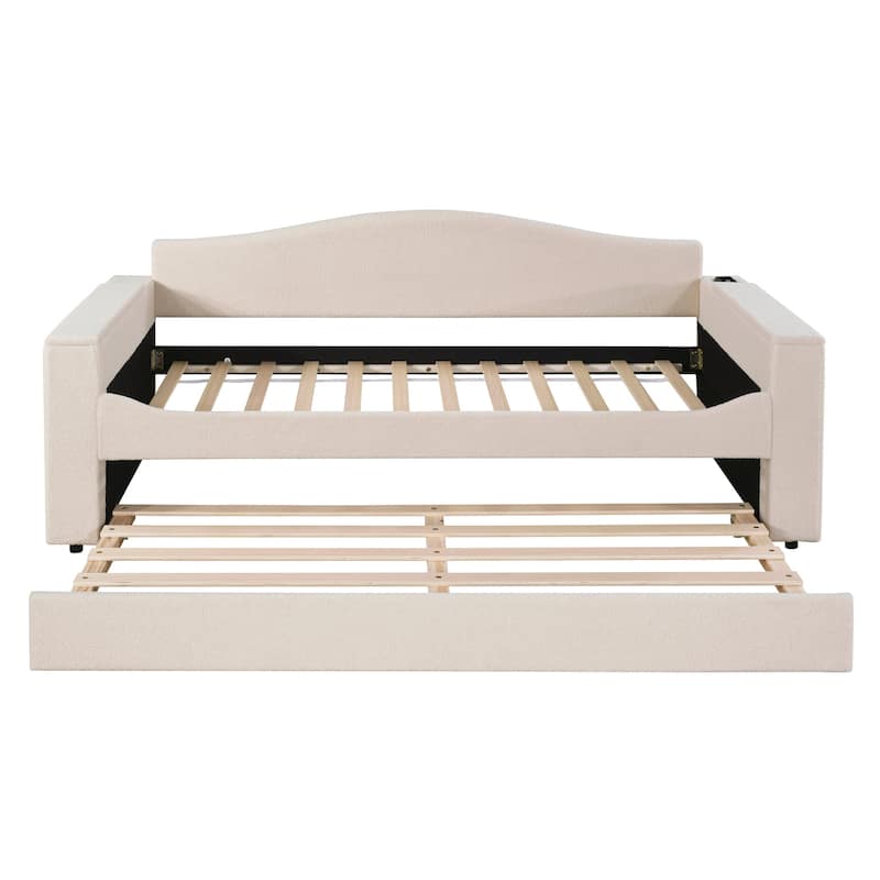 Twin Size Upholstered Daybed with Storage Armrests - Beige