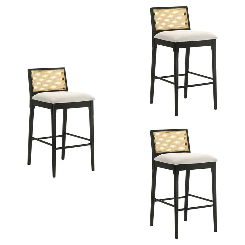 Tobias Rattan and Wood Bar Stool, Counter Height Kitchen Stool with White Boucle Fabric Upholstered Seat - Set of 3 - Black - Bar Height