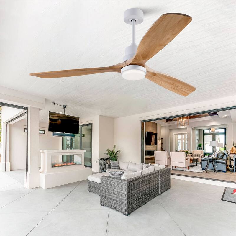 60 Inch Modern Ceiling Fan With 3 Color Dimmable 3 Solide Wood Blades Remote Control Reversible DC Motor With Led Light