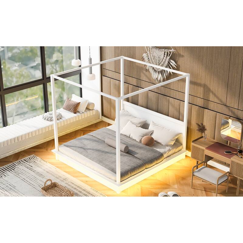Roomfitters King Size Wooden Canopy Bed with LED Lighting, Modern Platform Bed Frame with Headboard, No Box Spring, White