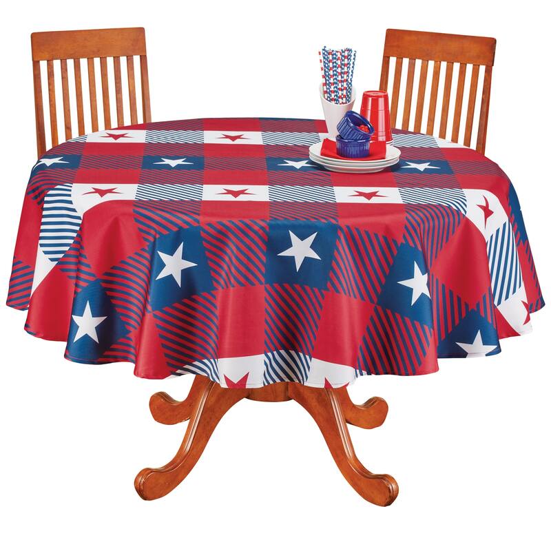 Stars Checkered Plaid Patriotic Tablecloth - Round