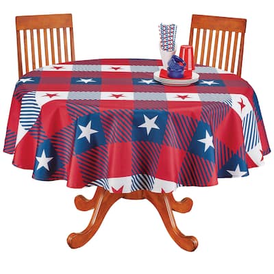 Stars Checkered Plaid Patriotic Tablecloth - Round