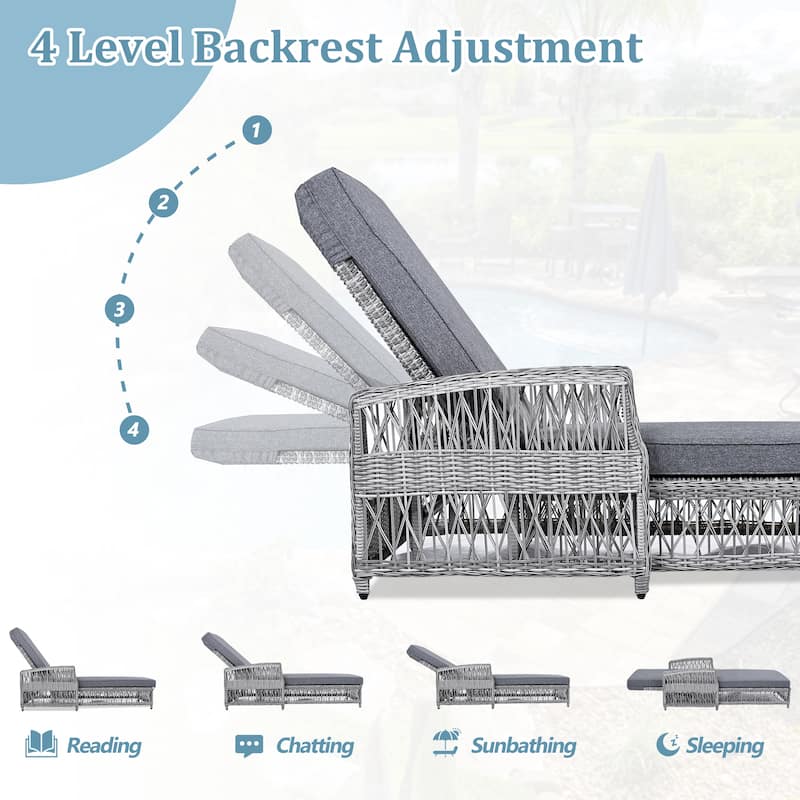 2 Pieces Long Reclining Chaise, Outdoor Wicker Lounge with Armrests, Patio Adjustable Recliner