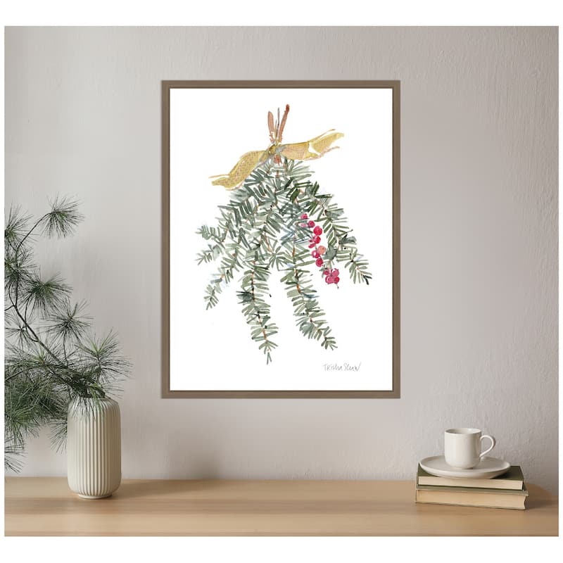 Kate and Laurel Sylvie Framed Canvas Evergreen Spray With Red Berries by Patricia Shaw
