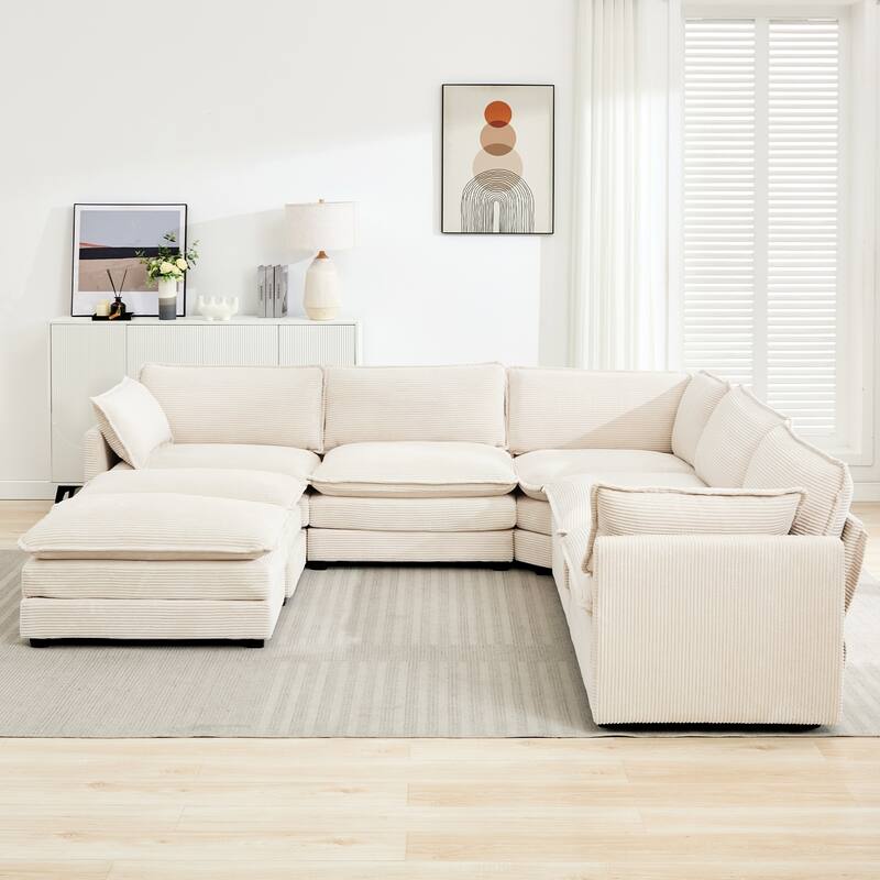 7-Seater Corduroy Sectional Sofa with 2 Removable Ottomans & Corner Seat, Soft & Comfortable - 5 Seats with 2 Ottoman