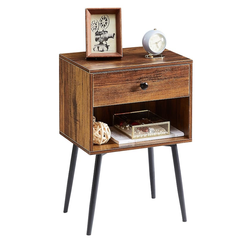 Javlergo Mid-Century Modern Nightstand with 1-Drawer and Open Storage Shelf for Bedroom or Living Room