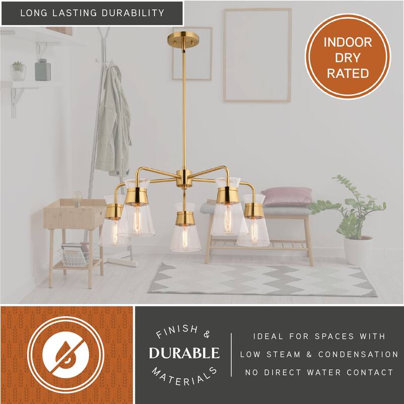 Harper 5-Light 27 in. Wide Natural Brass Gold Mid-Century Modern Chandelier with Clear Glass Cone Shade, Ceiling Fixture