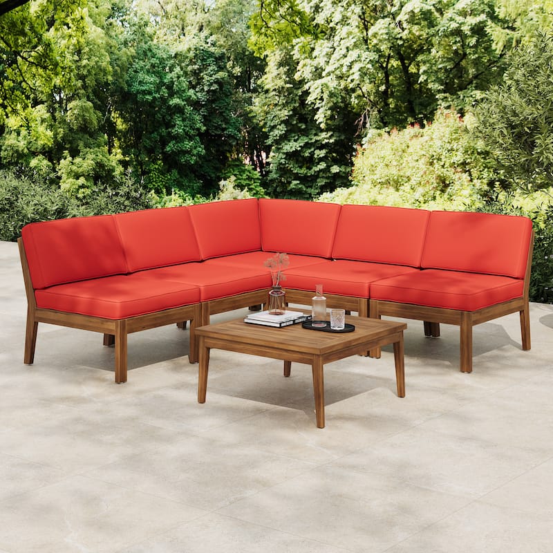 Christopher Knight Home - Xanthe Acacia Wood Patio 6 Piece Sectional Sofa Set with Water Resistant Cushion - Teak Finish+ Red Cushion