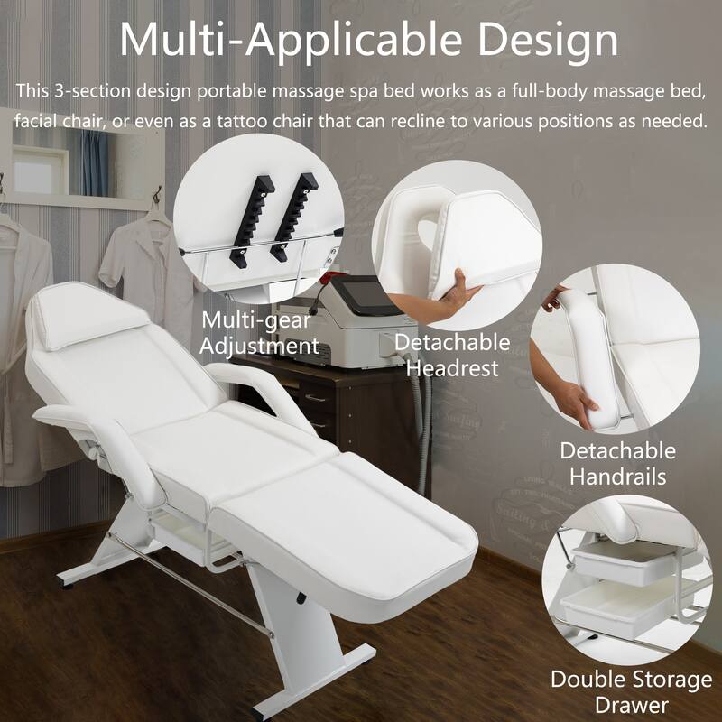 Massage Salon Tattoo Chair - 3-Section Adjustable Facial Bed with Two Trays & Hydraulic Stool, Multi-Purpose Spa Equipment