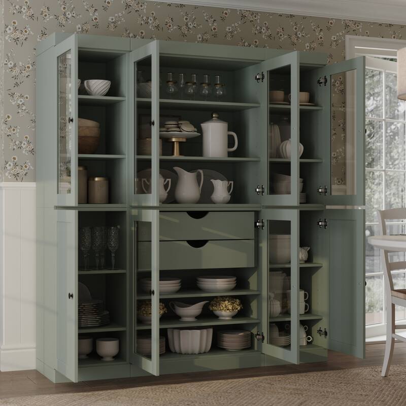 Palace Imports 100% Solid Wood 65" Pantry Cabinet with Clear Glass, Shaker Doors, 2-Drawers and Adjustable Shelves