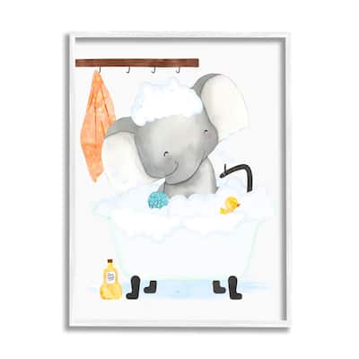 Stupell Children's Baby Elephant Bubble Bath Rubber Duck Bathroom Framed Wall Art - White