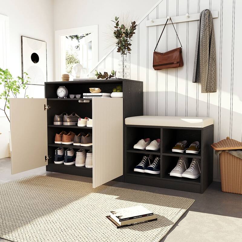 Entryway Bench Cabinet With Cushion, 2 Doors and 3-Tier Adjustable Shelves for Entryway Organization