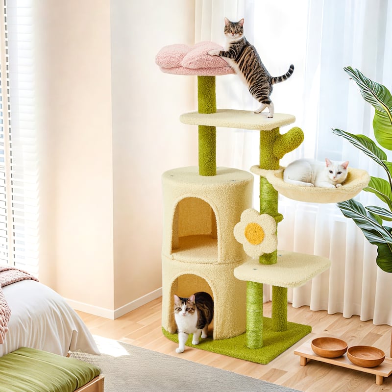 Flower Cat Tree Tower, Multi-Level Furniture with Scratching Post, House, and Bed for Small to Medium Cats