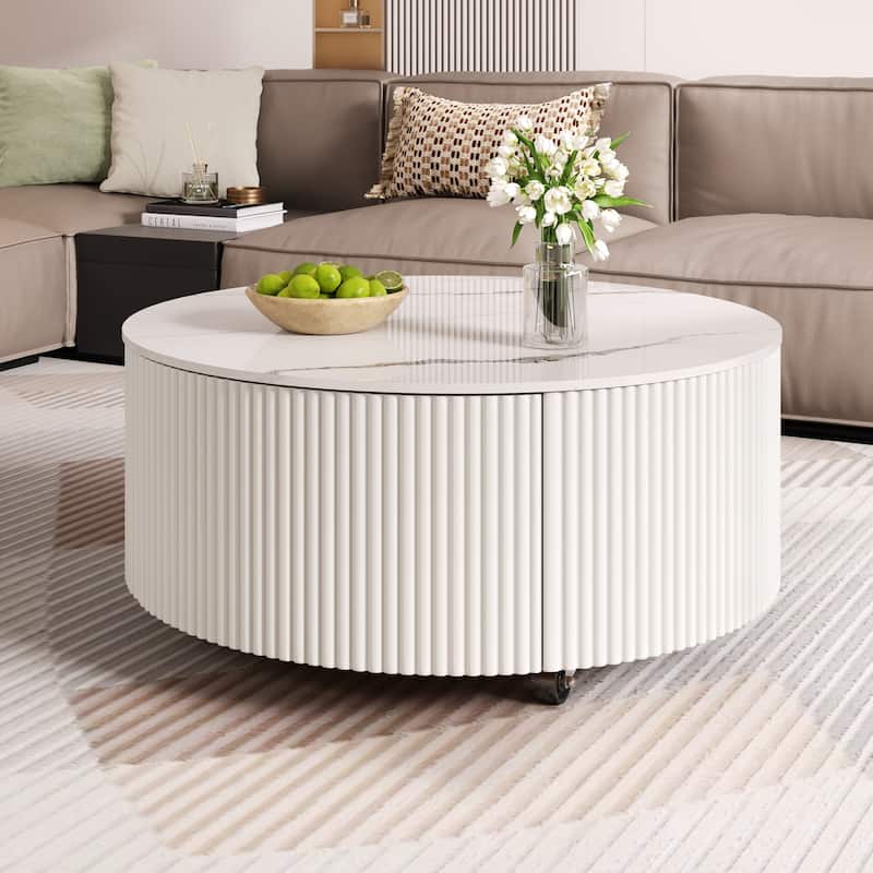 Modern Round Coffee Table with Casters, 2-Drawer Mobile Table with Marble Pattern Sintered Stone Top
