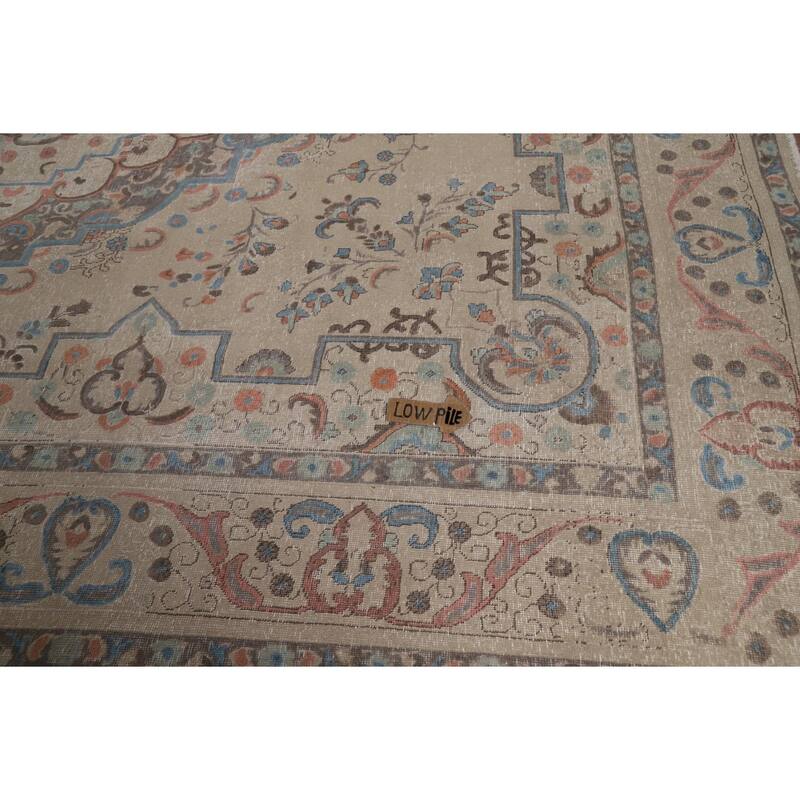 Geometric Beige Tabriz Persian Area Rug Hand-Knotted Wool Carpet - 9'8"x 13'4"