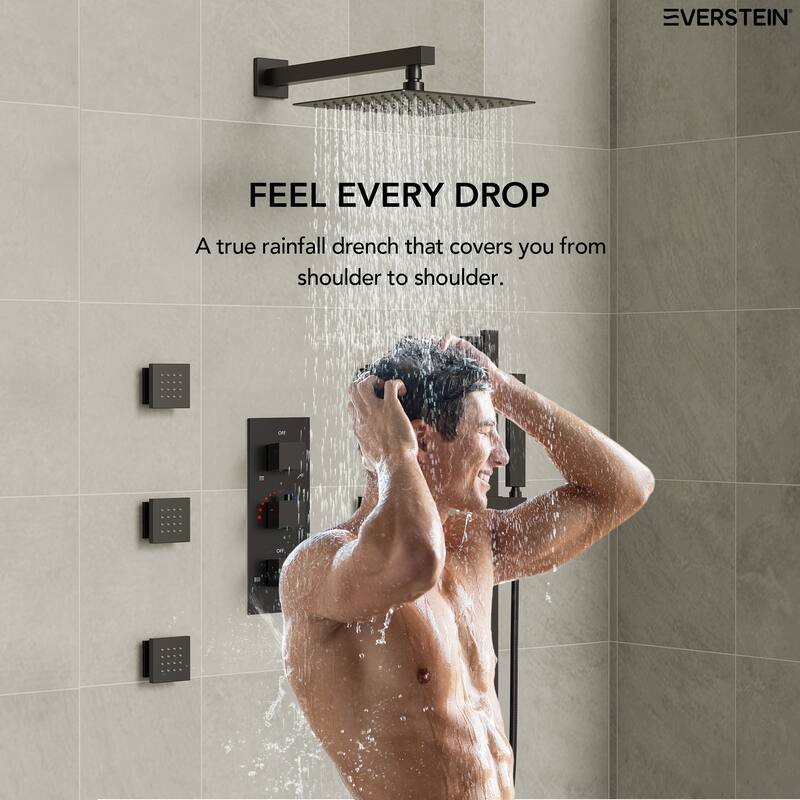 Thermostatic Shower System 12" High-Pressure Rainfall Shower Head with Slide Bar Hand Shower