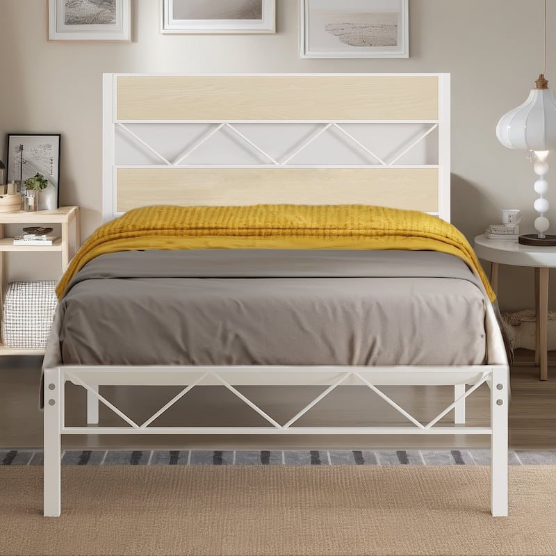VECELO Retro Platform Bed Frame Wood Headboard, Twin/Full/Queen Size Beds