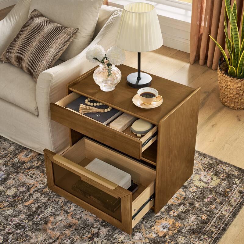Mid Century Modern Nightstand with Charging Station & Outlet Hole & 2 Drawers, Farmhouse End Table with Open Shelf