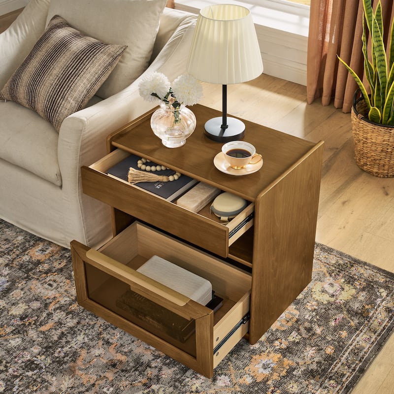 Mid-Century Modern Nightstand with USB Charging Station‌ - End Table Featuring 2 Drawers, Open Shelf & Glass-Front Cabinet