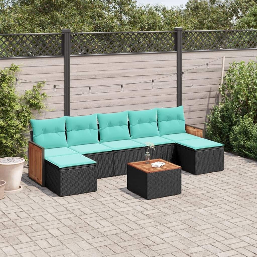 vidaXL 7/8 Piece Patio Sofa Set with Cushions Black/Gray Poly Rattan - 21.7 x 24.4 x 27.2