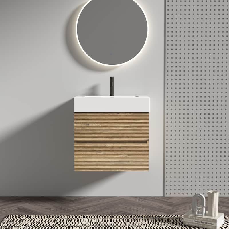 GDFStudio - Grace Wall-Mounted Bathroom Vanity with Engineered Quartz Sink & Soft Close Drawers, without Drainage and Faucet - 24" - Oak+White