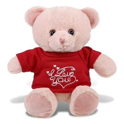 DolliBu I LOVE YOU Super Soft Baby Pink Bear Plush with Red Shirt - 8 inches