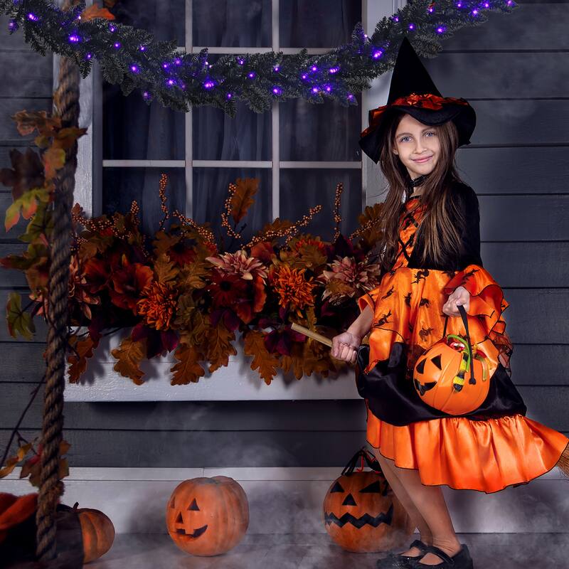 Costway 9ft Pre-lit Christmas Halloween Garland Black w/ 50 Purple LED - See details