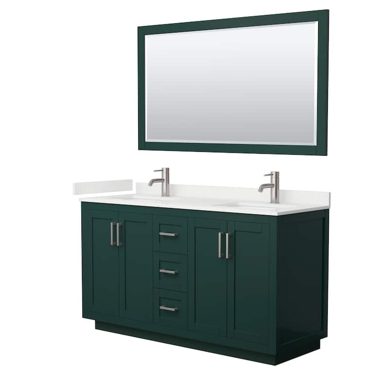 Miranda 60-inch Double Vanity, Quartz Top, 58-inch Mirror - Green, Nickel Trim, White Quartz Top