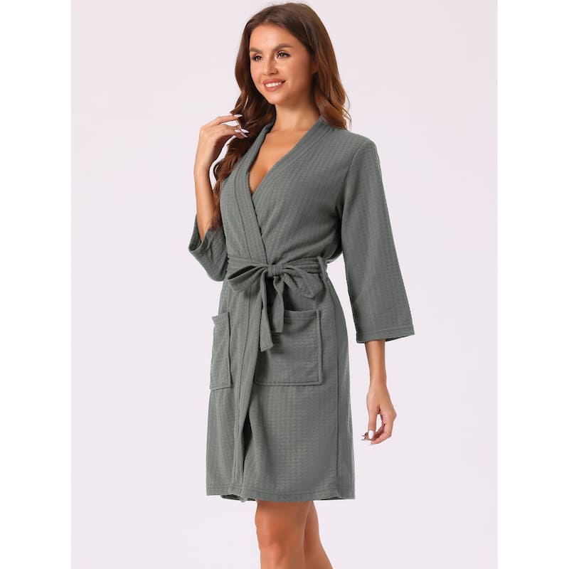 Womens Waffle Bathrobe Soft Kimono Spa & Bath Mid-Length Robes - Grey - S