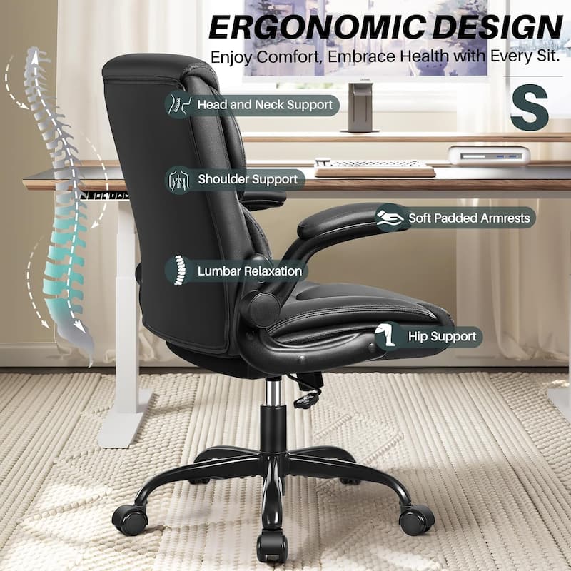 Ergonomic Computer Gaming Office Chair, Faux Leather Heavy Duty Task Desk Swivel Rolling Chairs, Flip-up Arms, Adjustable Height