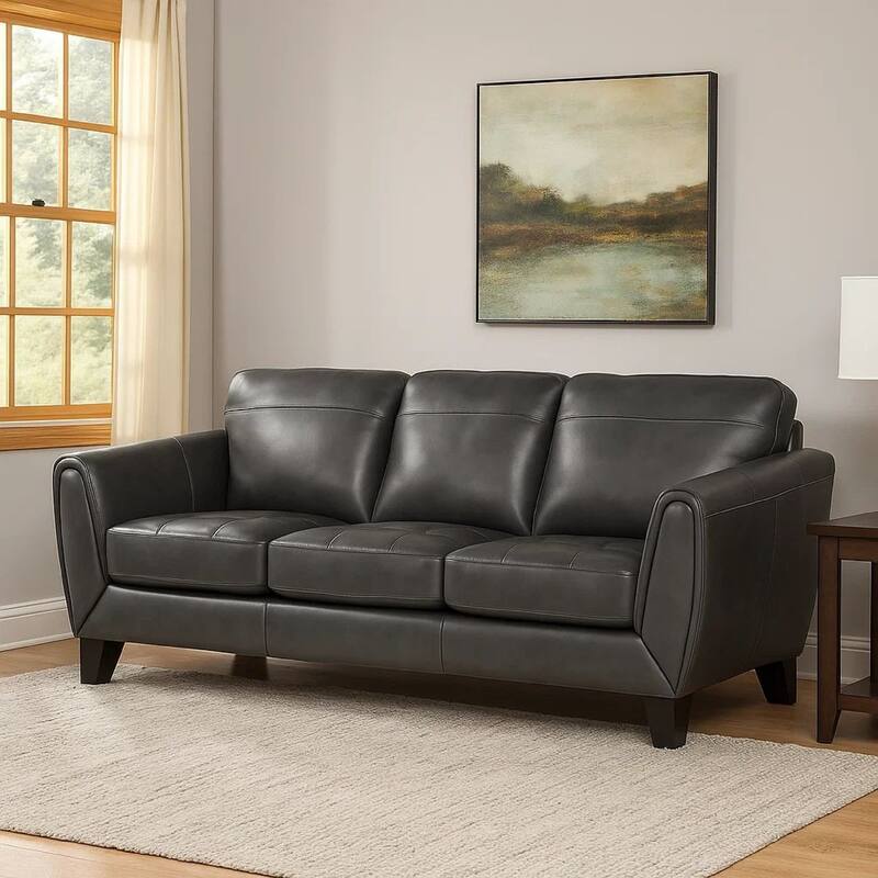 Sofy 83 Inch Sofa, Dark Gray Top Grain and Faux Leather, Solid Wood Feet